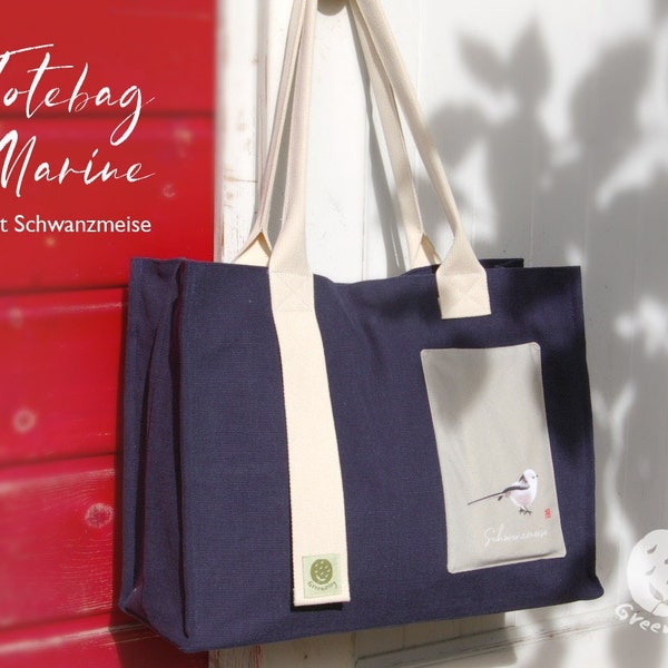 Canvas Totebag mit Vogel Druck, Große Tragetasche, Schultertasche aus Baumwolle, Wickeltasche, Eco Tasche, Vintage, Canvas Tasche