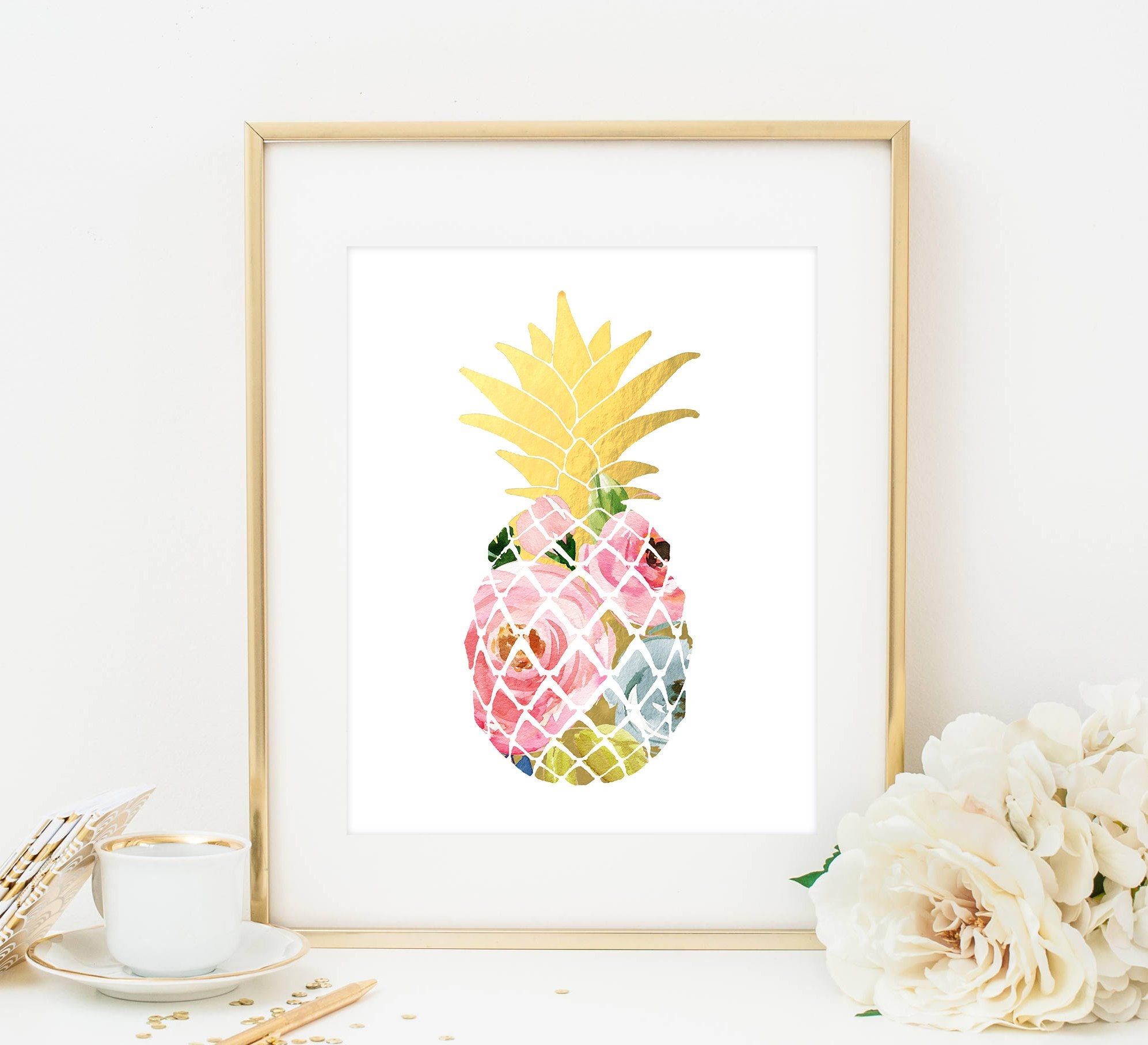 Pineapple Print Gold Pineapple Prints Pineapple Art Etsy