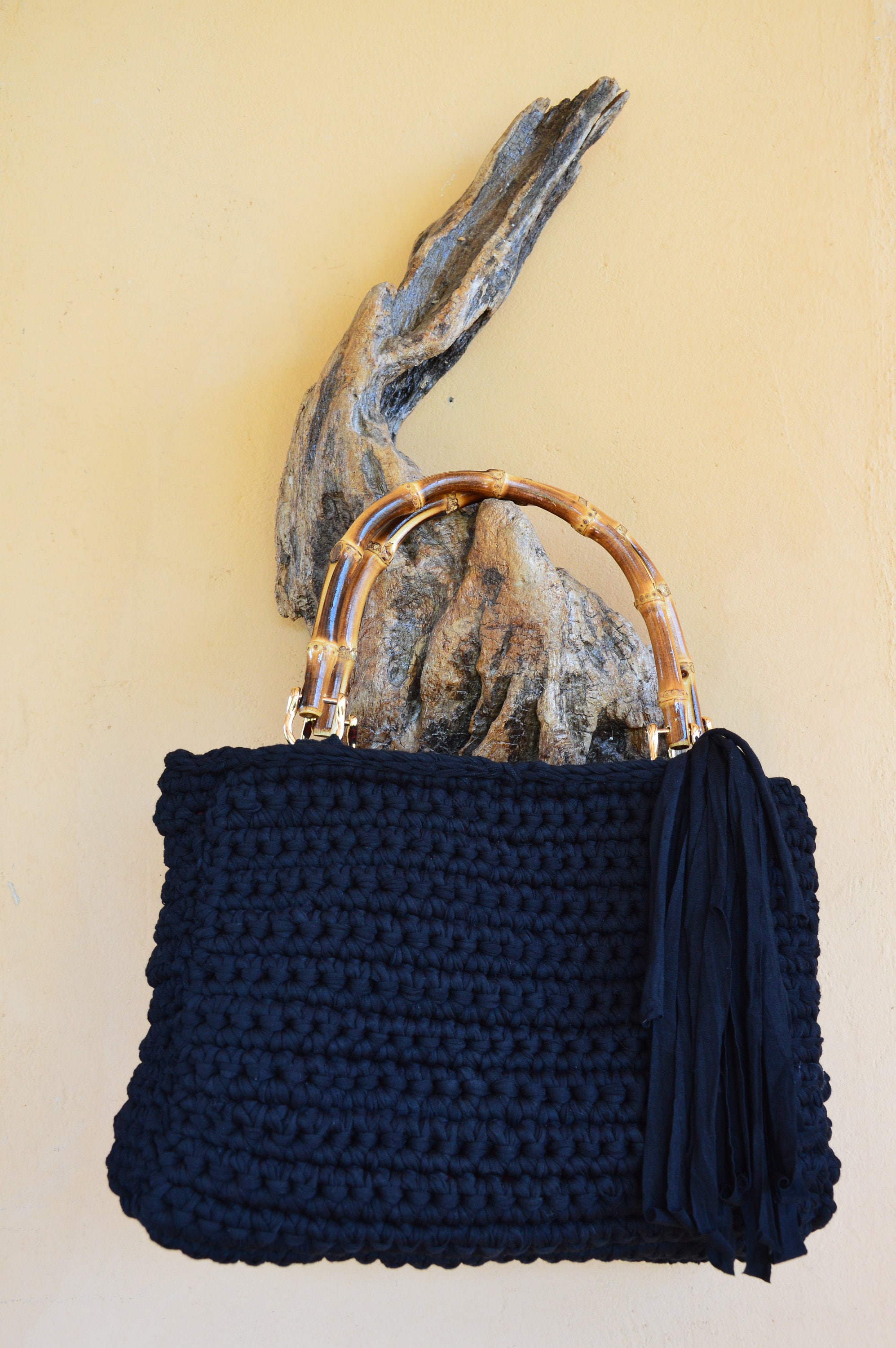 ●augustone8● [HANDMADE] WOOLLY BAG_black Handmade Black Bag With Bamboo Handles - Etsy