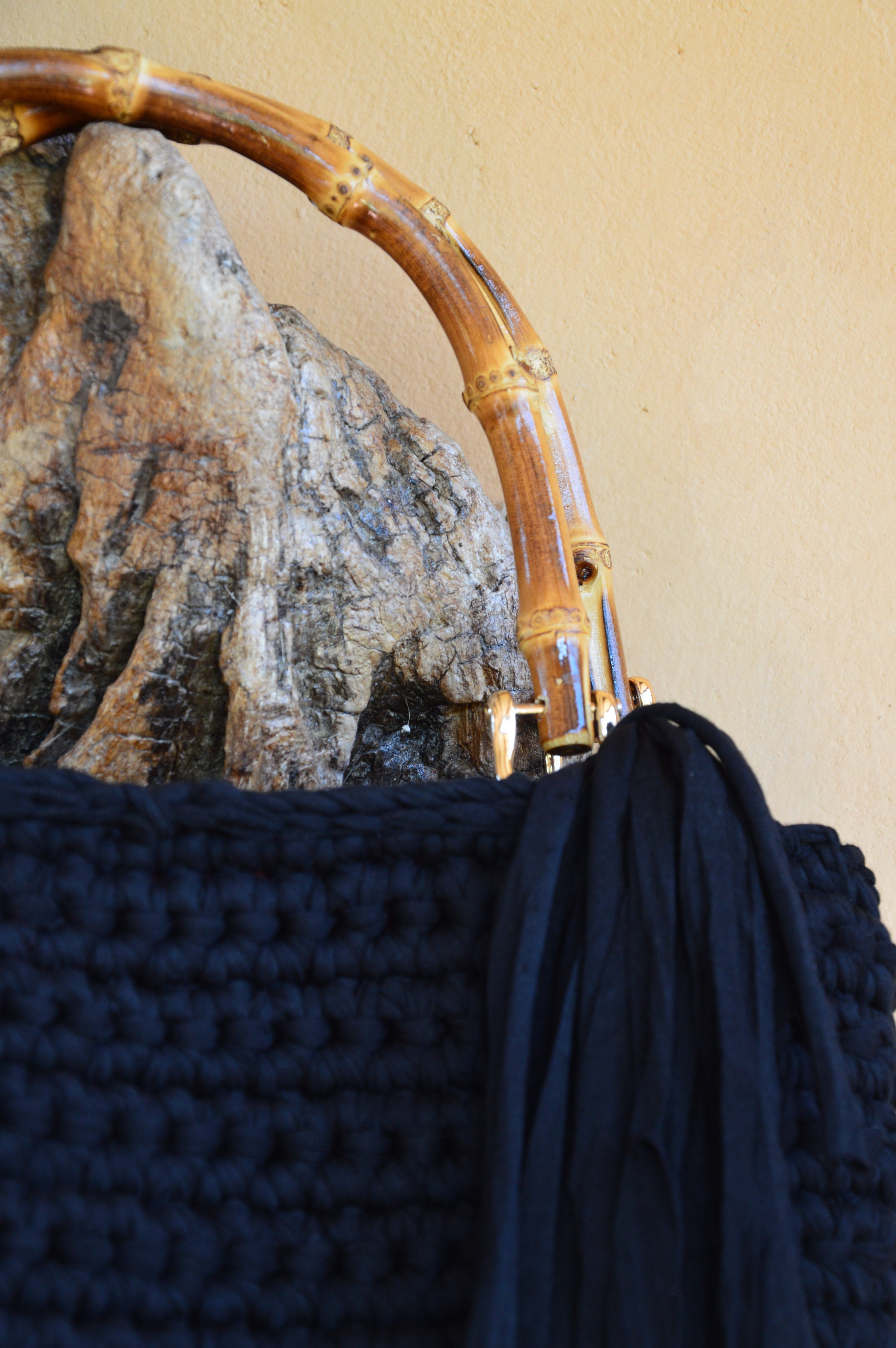 Bamboo handle2way bag／mesh black leather Handmade Black Bag With Bamboo Handles - Etsy