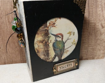 Bird junk journal, Diary, Woodpecker, Notebook, Planner, Hardcover, Junk Journal, Handmade Journal, Fabric, ready to ship