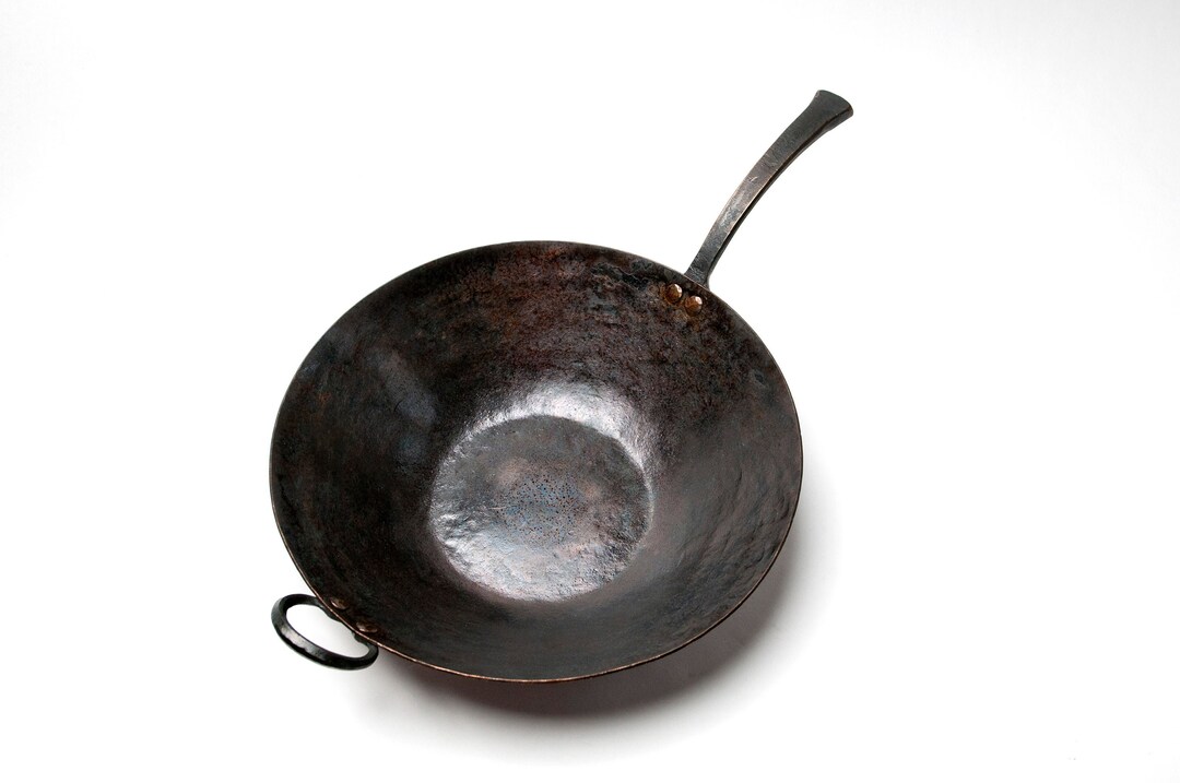 Hand 12 Flat Bottom Carbon Steel Wok Etsy