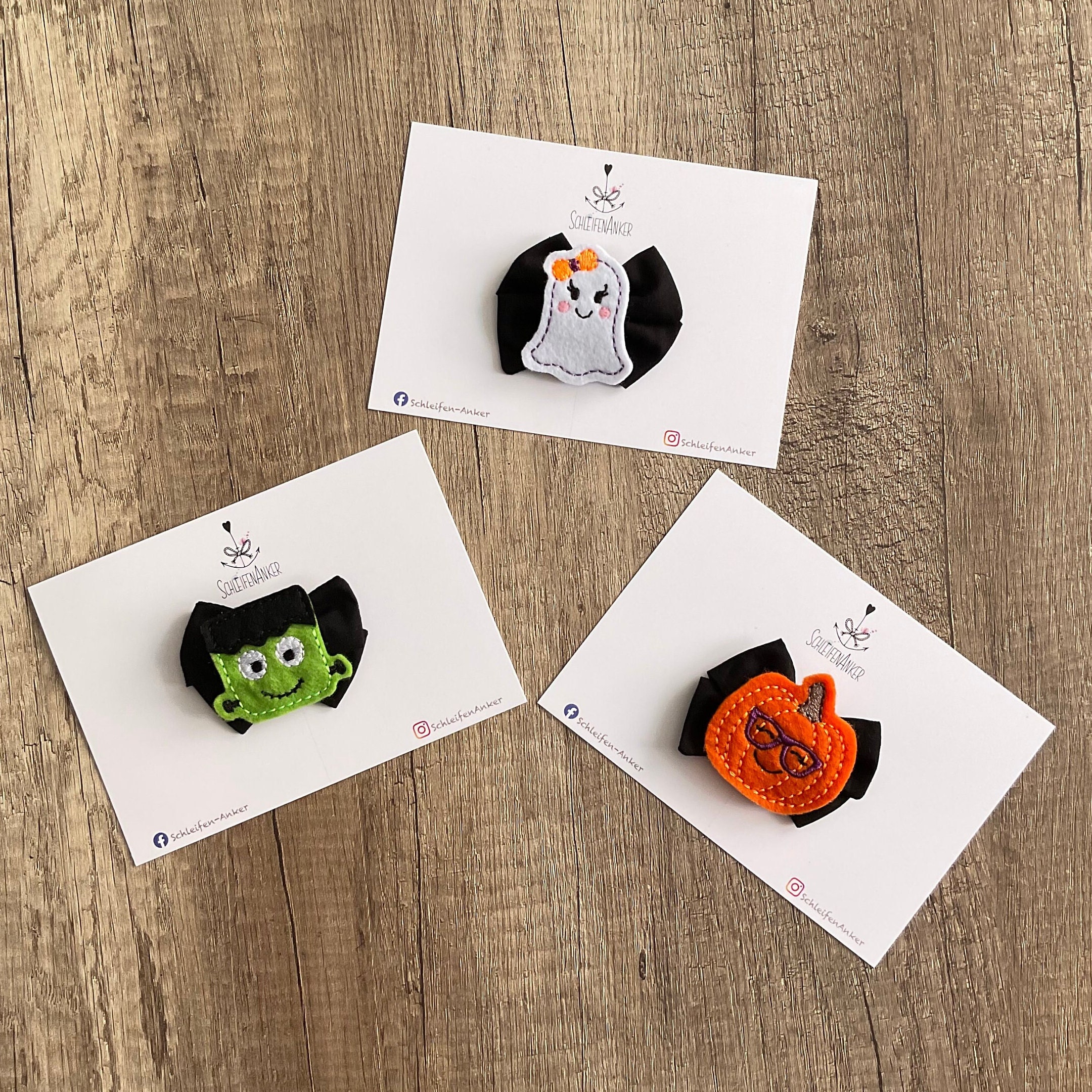 3 X Halloween-Haarspangen Handgefertigt – Schwarz & Orange, Große Schleifen Für Haar & Kostüme