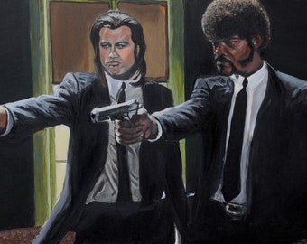 May include: An oil painting of two men in black suits, white shirts, and black ties, each holding a silver handgun. The background is dark, with a suggestion of a window frame. The painting style is realistic.