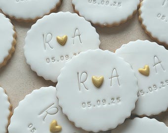 Personalized cookies, wedding favors, gold heart cookies with initial and date, 3 pieces