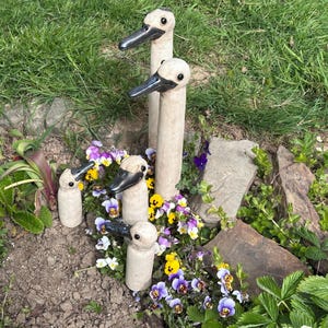 Könnte beinhalten: Eine Sammlung skurriler Enten-Gartenstecker. Die Enten haben hellfarbene Körper und schwarze Schnäbel und sind zwischen bunten Stiefmütterchen und Grün platziert. Diese dekorativen Stecker verleihen jedem Außenbereich Charme.