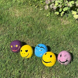 Könnte beinhalten: Fünf bunte Smiley-Bälle liegen auf grünem Gras. Die Bälle sind in Lila, Gelb und Blau bemalt, jeder mit einem einzigartigen Ausdruck. Der lila Ball hat goldene Sterne, und der gelbe Ball hat ein Herz.