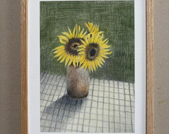 A4 Kunstdruck "Sonnenblume" mit Rahmen Eiche