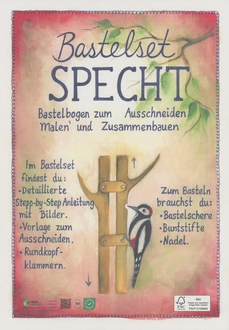 Für 5 Kinder Bastelset Specht 1 A3 und 5 A4 Bastelbögen afbeelding 3