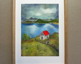 A4 Kunstdruck "kleines Haus am Wasser" mit Rahmen Eiche