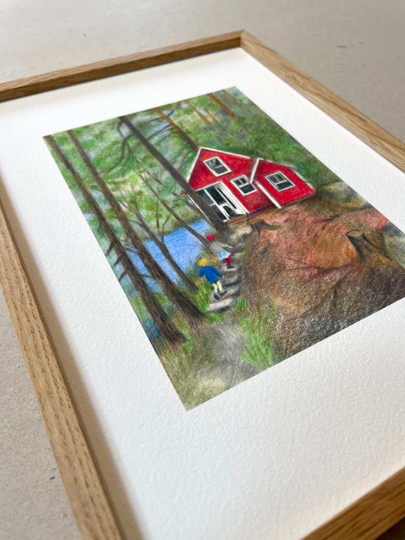 A4 Kunstdruck Rotes Haus mit Rahmen Eiche afbeelding 2