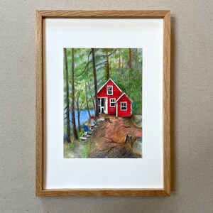 A4 Kunstdruck Rotes Haus mit Rahmen Eiche image 1