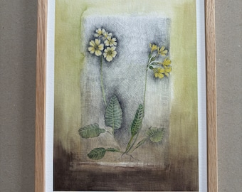 A4 Kunstdruck "Schlüsselblume" mit Rahmen Eiche