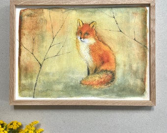 A4 Kunstdruck "Fuchs" mit Rahmen Eiche