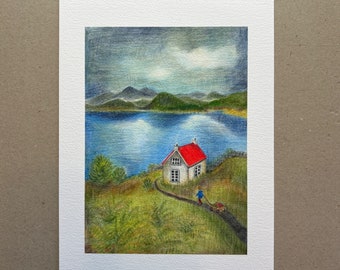 A4 Kunstdruck "kleines Haus am Wasser" ohne Rahmen A4