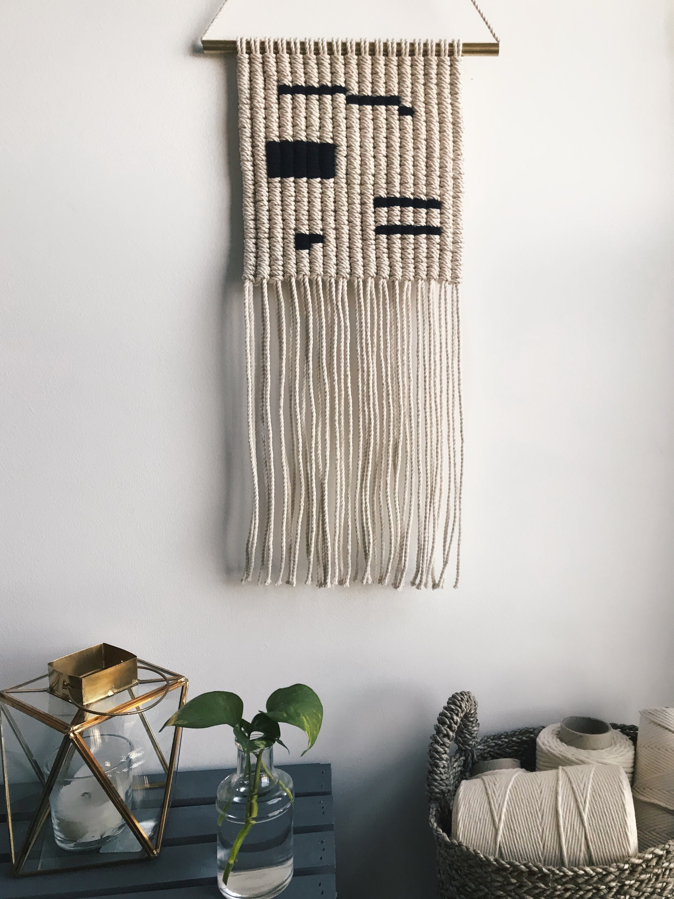 Abstract Macrame Wall Hanging on Gold Metal Dowel Modern Etsy