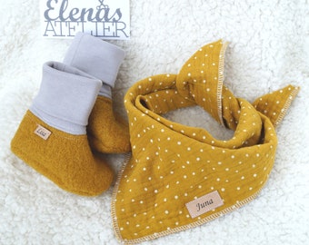 Baby shoes with boiled wool names and baby scarf with muslin names