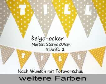 Pennant chain with name as a children's room decoration in beige and yellow