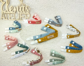 Set of 2 pacifier chains made of muslin fabric personalized with name tags