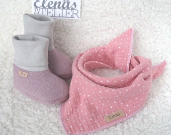 Baby shoes with names made of boiled wool and muslin baby towels for girls