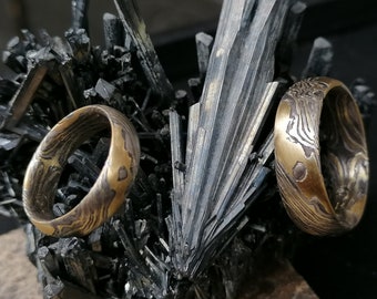 Wedding rings Mokume Gane Gold 900 Palladium 500 Silver 925 wood grain with eyes etched mokumegane