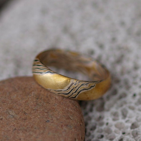 Unikat Ring Mokume Gane Gold 900 Palladium 500 Silber 925 Holzmaserung 53