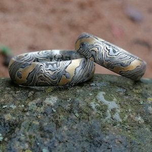 Alliances Mokume Gane or 900 palladium 500 argent 925 grain de bois avec yeux gravés mokumegane 1 paire