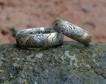 Wedding rings Mokume Gane Gold 900 Palladium 500 Silver 925 wood grain with eyes etched mokumegane 1 pair