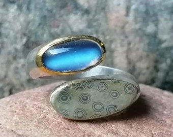 Bague unique argent 925 or 900 palladium 500 pierre de lune Sri Lanka 57