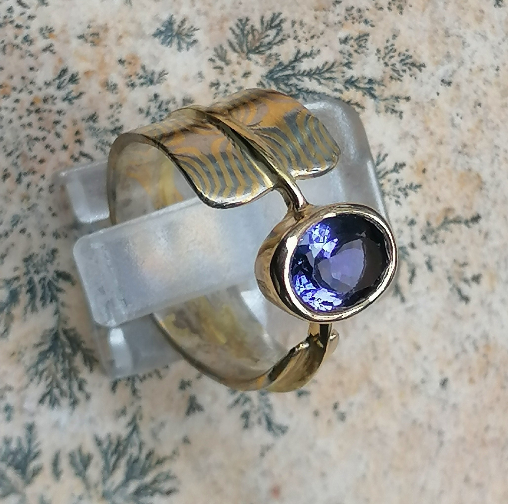 Unique ring Mokume Gane Gold 750 Palladium 500 Tanzanite 1,69 ct flawless ring size 54 (17,2 mm Ø)