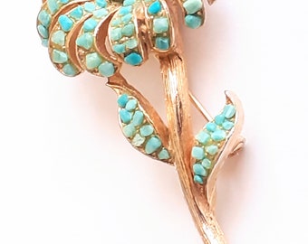 VINTAGE PANETTA BROOCH. Rare, Signed, Turquoise Blue and Gold Tone Flower Brooch