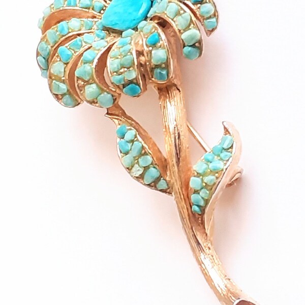 VINTAGE PANETTA BROOCH. Rare, Signed, Turquoise Blue and Gold Tone Flower Brooch