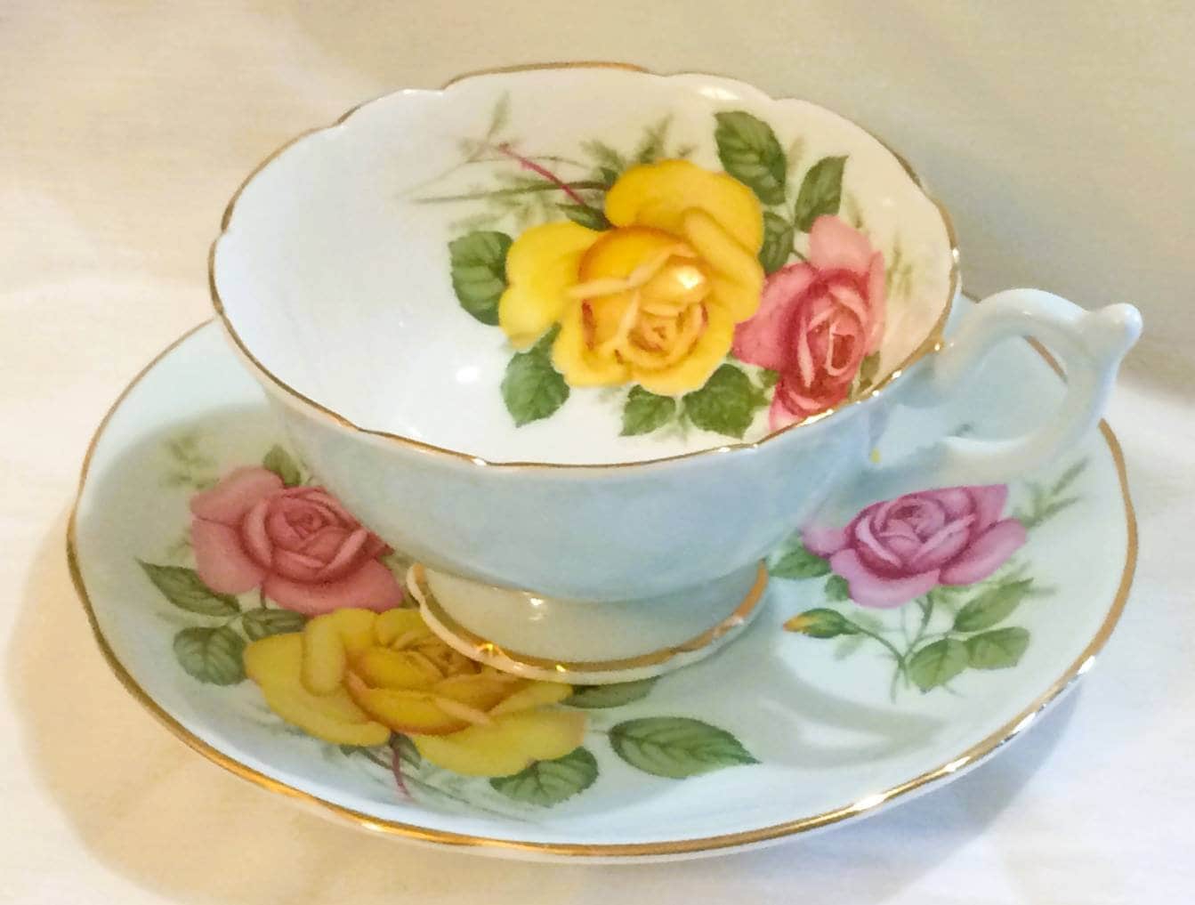 Vintage Blue Tea CUP and SAUCER Set. Pink Yellow Roses Inside Etsy