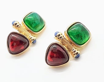 VINTAGE Gripoix Style EARRINGS. Cabochons of Ruby Red, Sapphire Blue, Emerald Green, Gold Dangle, Drop Clip On Earrings. 1980s 80s Byzantine