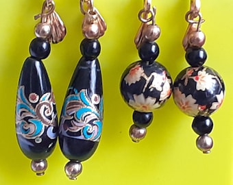 2 PAIRS VINTAGE EARRINGS. Possibly Japanese Tensha Black and Floral Lacquered Clip On and Screw Back. Dangle Drop Dangling