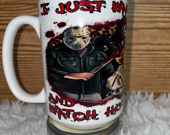 Sólo quiero abrazar y ver taza de café de películas de terror