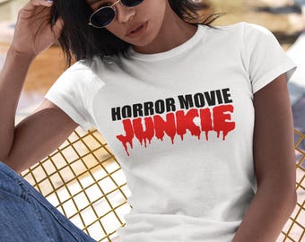 Horror Movie Junkie Unisex Tshirt -  Crewneck Tee with Bold Black & Red Text Design for Horror Movie Enthusiasts