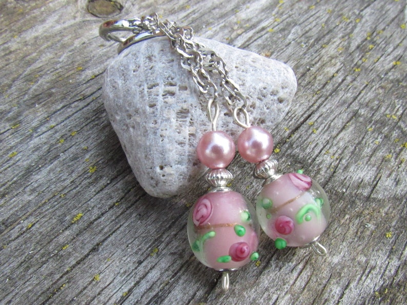 Murano Glass Jewelry Lampwork Earrings Elegant Jewelry Blush Pink Earrings with Flowers and Pearls