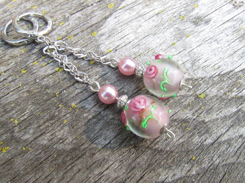 Murano Glass Jewelry Lampwork Earrings Elegant Jewelry Blush Pink Earrings with Flowers and Pearls