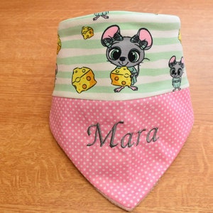 Scarf named mint pink mouse cuddly fleece cotton cotton jersey baby 0-4 years personalized & embroidered