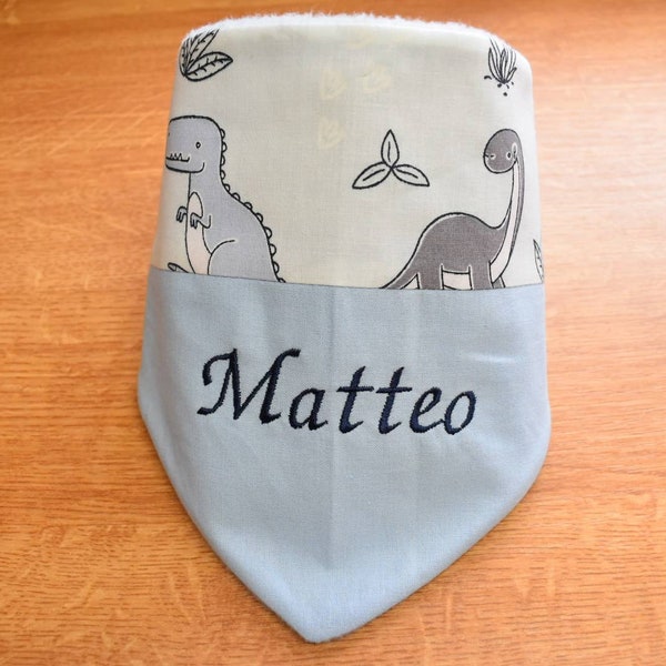 Halstuch mit Namen Dinosaurier blau Kuschelfleece Baumwolle Baby 0-4 Jahre personalisiert & bestickt