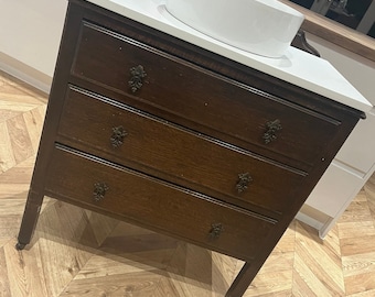 Vanity unit. Midcentury furniture, bathroom cabinets, storage. Wash stand, basin, modern bathroom. Repurposed.