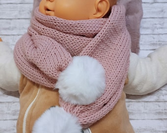 Écharpe avec pompon en fausse fourrure pour bébés et jeunes enfants - en mélange de laine mérinos douce et douillette