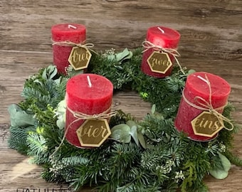 Advent wreath classic red eucalyptus Christmas decoration candles “red” Advent decoration hand-tied table decoration wooden numbers