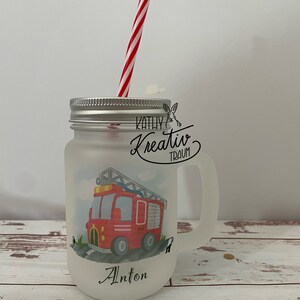 Henkelglas mit Deckel und Mehrweg-Strohhalm,Feuerwehr, Mason Jar bedruckt, spülmaschinenfest, Motiv wählbar, personalisiert, Henkel Glas