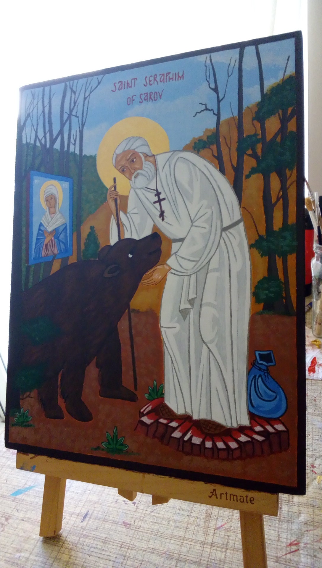 Saint Seraphim of Sarov and His Bear Hand-painted Russian | Etsy