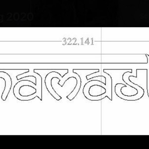 May include: A line drawing of the word "Namaste" in a stylized font. The design is 322.141 units wide and 69.958 units high. The text is in a sans-serif font, with the letters connected.
