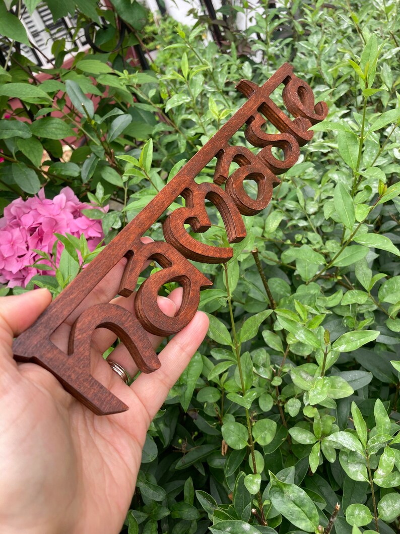 May include: A wooden sign in a dark brown stain, featuring the word "Raise" in a stylized font. The sign is held against a backdrop of green foliage and pink flowers.