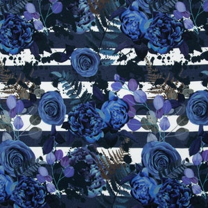 EUR 21.98/1 m French Terry SUMMER SWEAT Blue roses stripes flowers romantic floral summer sweat fabric jeans blue cotton fabric sweat fabric