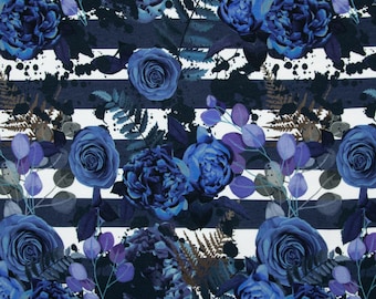 EUR 19,98/1 m French Terry ZOMERZWEET Blauwe rozen strepen bloemen romantische bloemen zomersweatstof jeansblauwe katoenen stof zweetstof